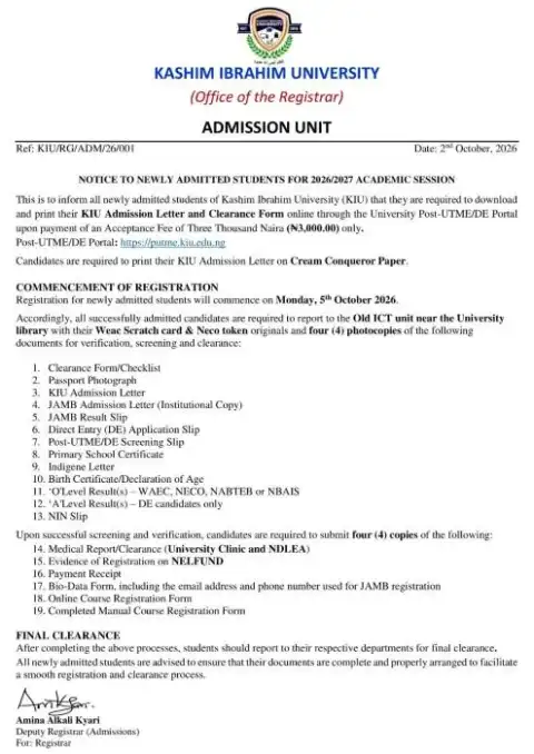 Kashim Ibrahim University Begins Registration for Newly Admitted Students