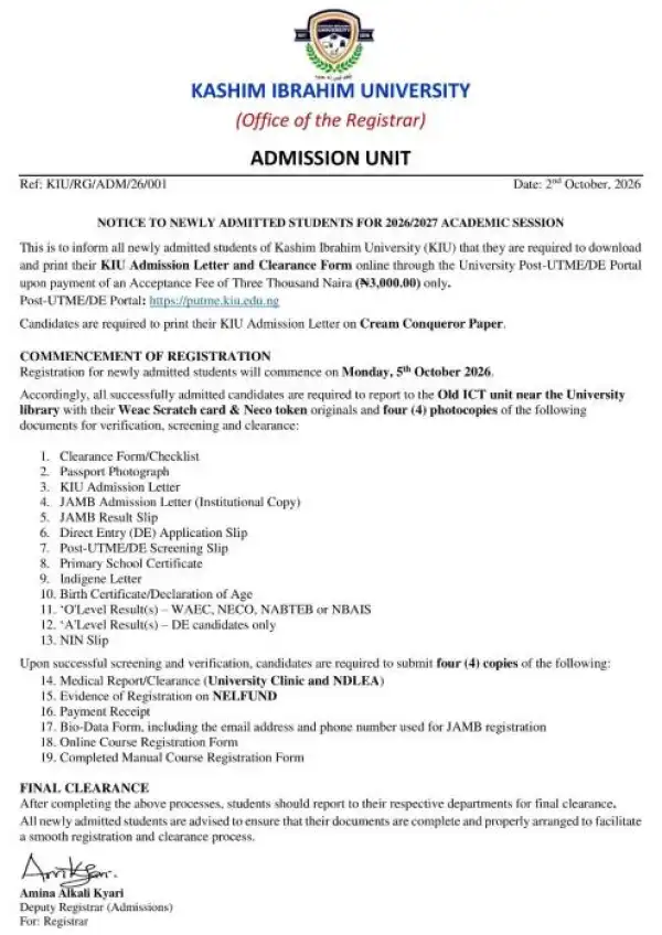 Kashim Ibrahim University Begins Registration for Newly Admitted Students