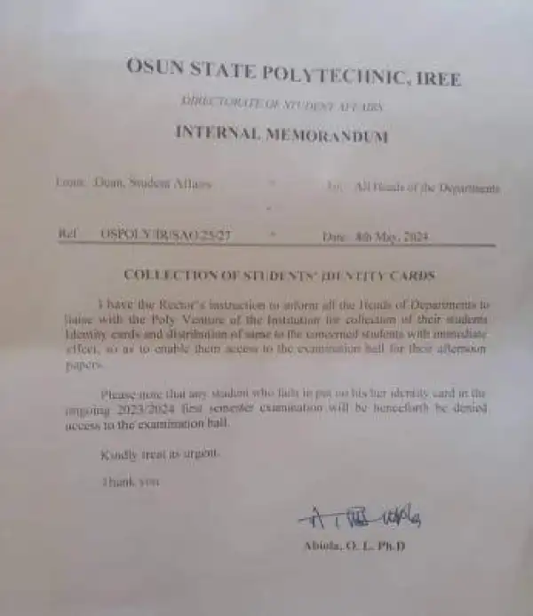 OSPOLY notice on wearing of ID card for examination