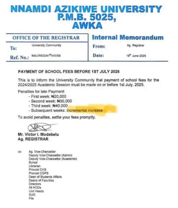 UNIZIK issues notice to students on deadline for payment of school fees