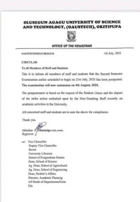 OAUSTECH reschedules second semester exams, 2024/2025