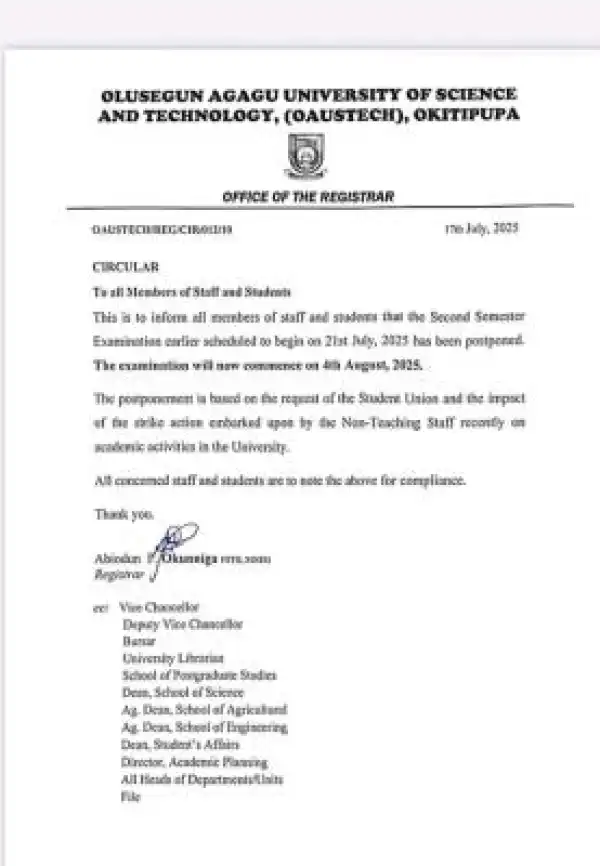 OAUSTECH reschedules second semester exams, 2024/2025