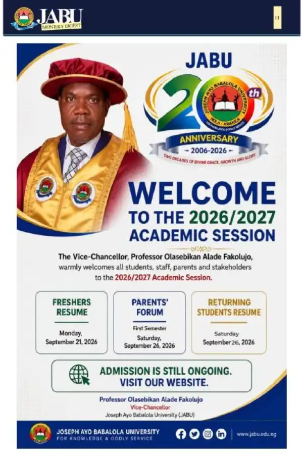 JABU resumption notice, 2026/2027 academic session