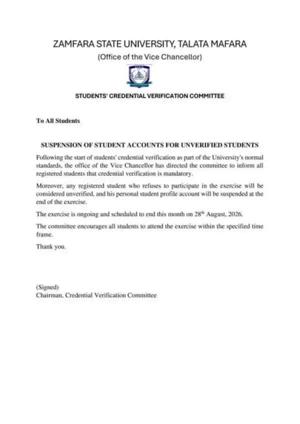 ZAMSUT notice to students on deadline for mandatory verification of credentials