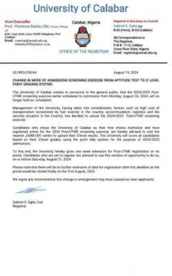 UNICAL changes 2024 screening exercise from aptitude test to O