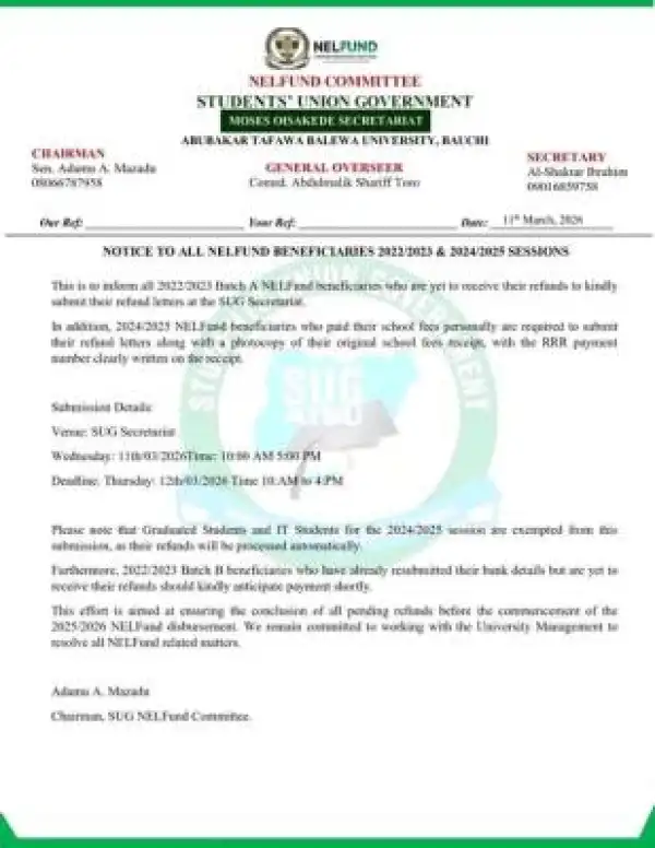 ATBU SUG notice to NELFUND beneficiaries, 2022/2023 and 2024/202 on refund submission