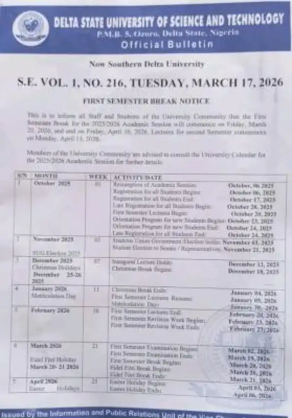 Southern Delta University notice on First Semester break