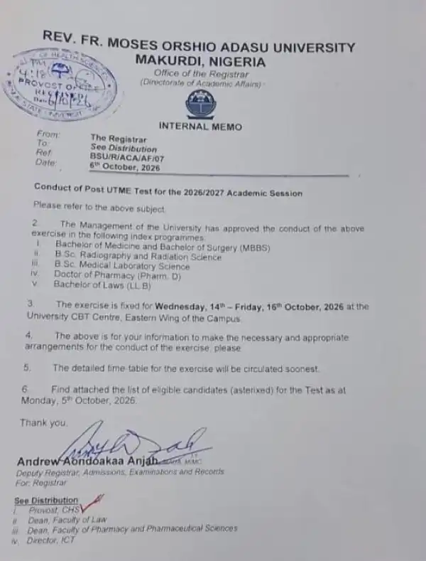 BSU notice on conduct of Post-UTME Test, 2026/2027