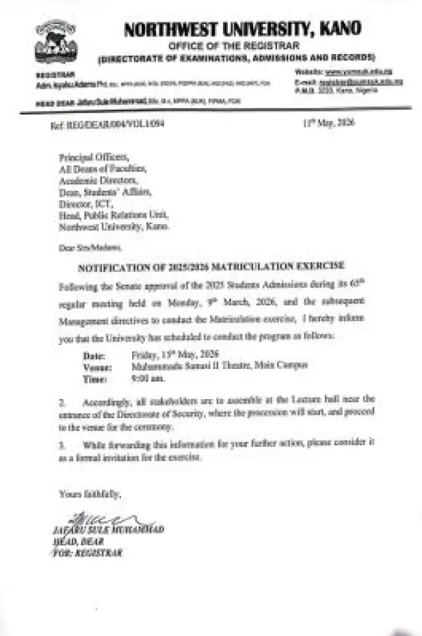 Northwest University notice on matriculation ceremony, 2025/2026