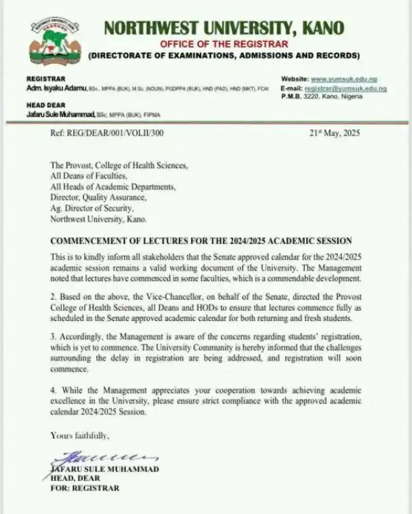 Northwest University notice on commencement of lectures, 2024/2025