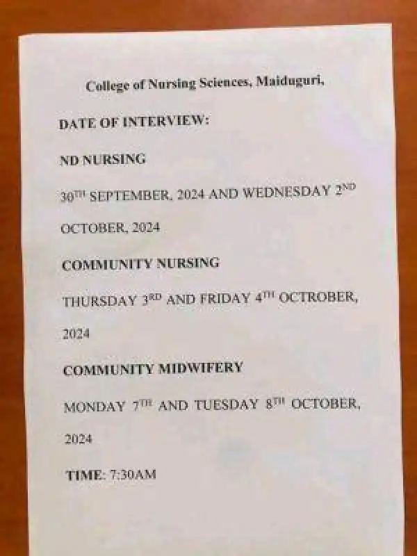College of Nursing Sciences, Maiduguri scheduled of interview, 2024/2025