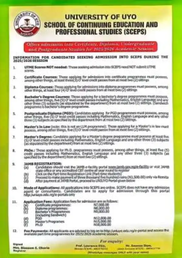 UNIUYO Admission into School of Continuing Education, 2025/2026