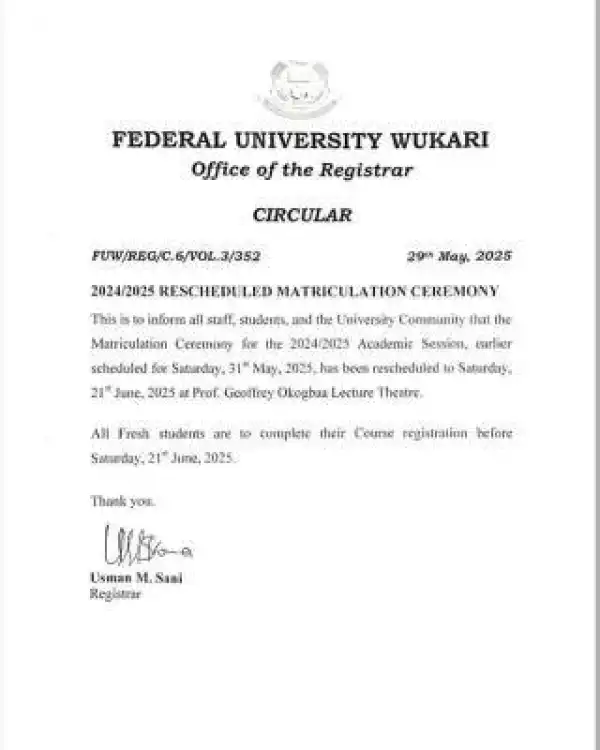FUWUKARI reschedules Matriculation ceremony, 2024/2025