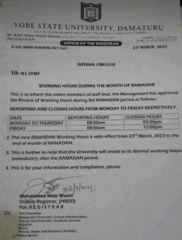 YSU working hours during Ramadan period