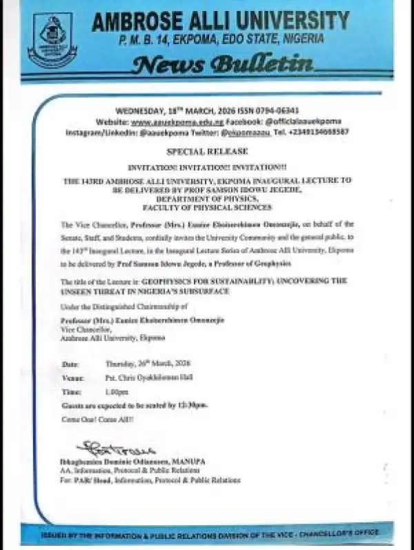 AAU announces 143rd Inaugural Lecture