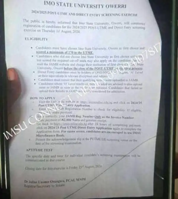 IMSU Post-UTME/DE 2024: Cut-off mark, Eligibility and Registration Details