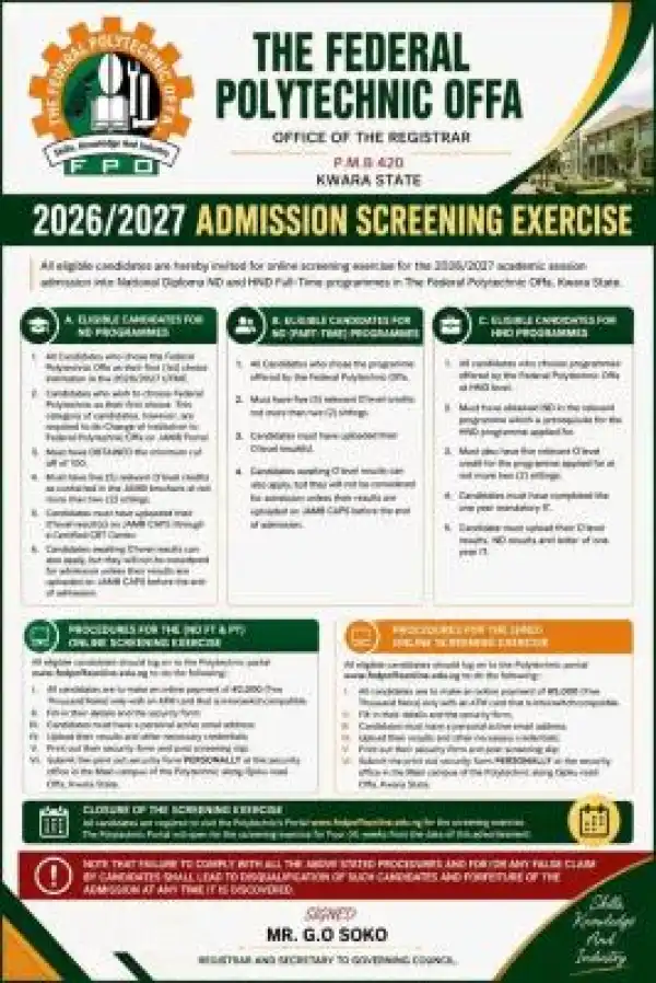 Offa Poly Post-UTME 2026: Cut off mark, Eligibility and Registration Procedures