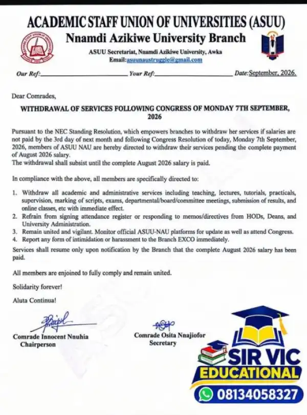 UNIZIK ASUU branch withdraws academic and administrative activities over unpaid salaries