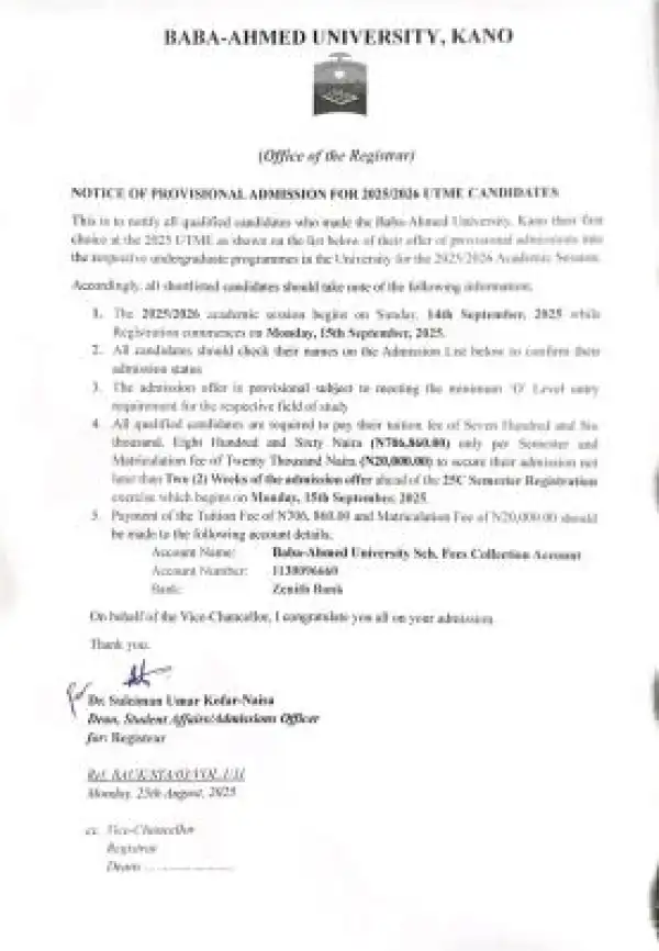 Baba-Ahmed University releases provisional admission list, 2025/2026