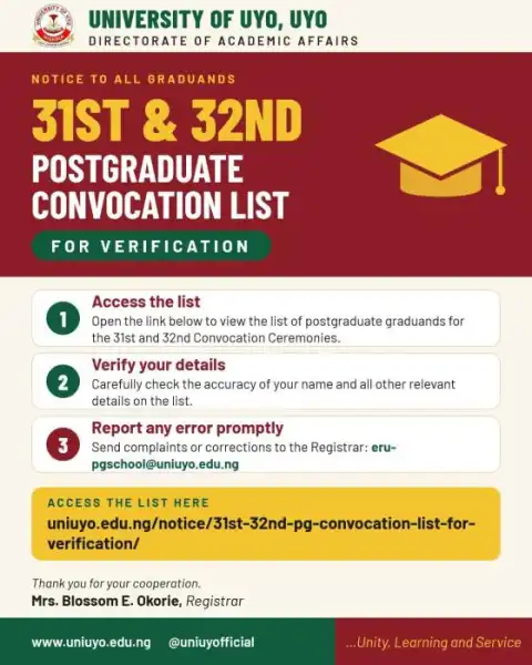 UNIUYO updated 31st and 32nd Postgraduate Convocation List