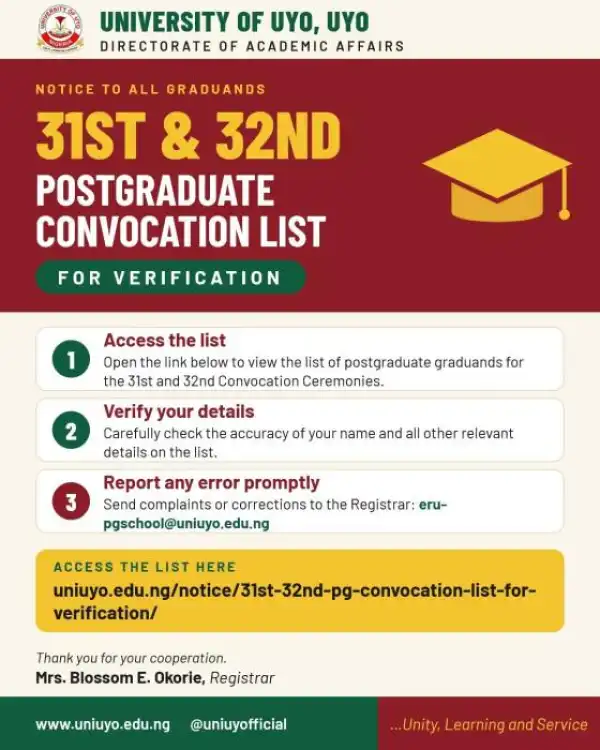 UNIUYO updated 31st and 32nd Postgraduate Convocation List