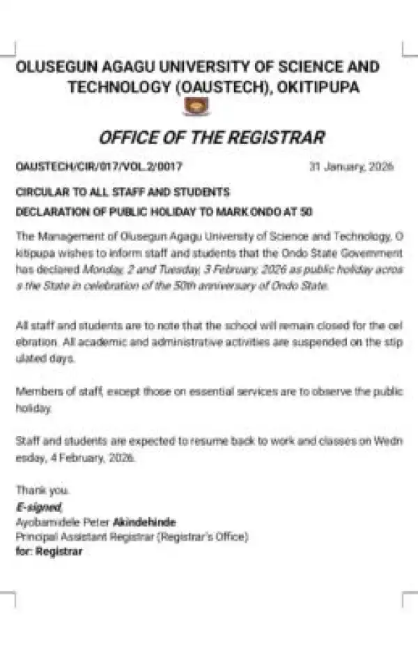 OAUSTECH notice on February 2nd and 3rd pubic holidays