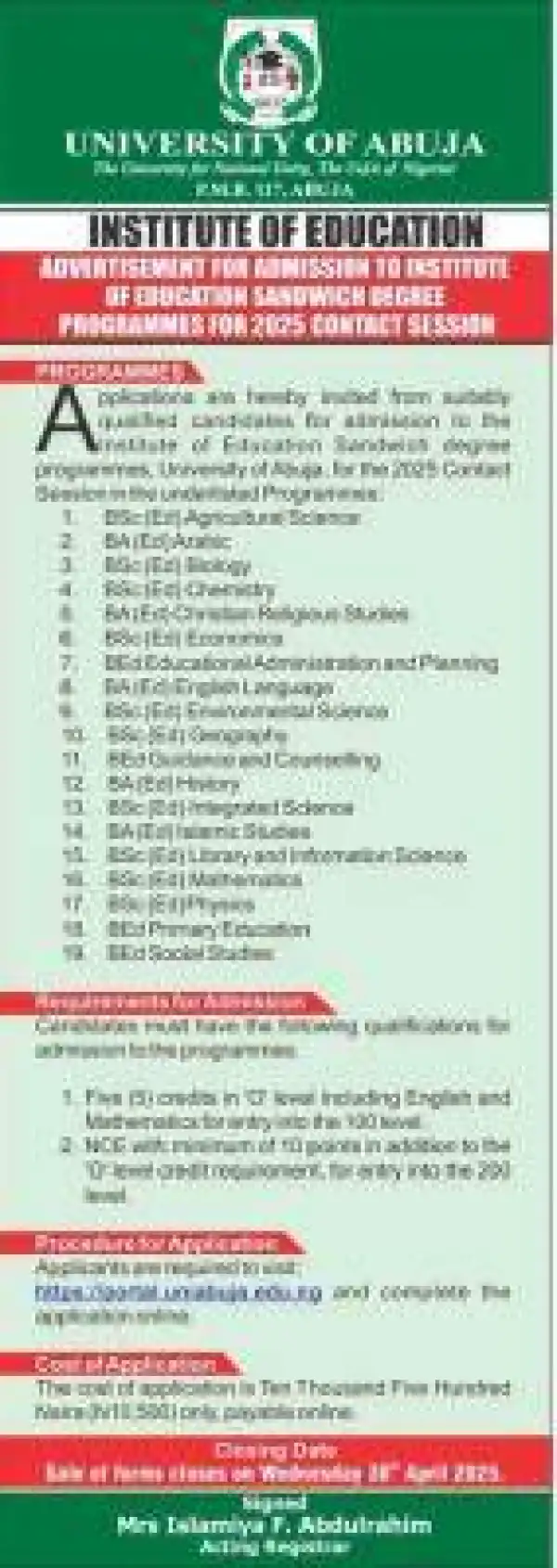 UNIABUJA undergraduate Sandwich admission form for 2025 contact session
