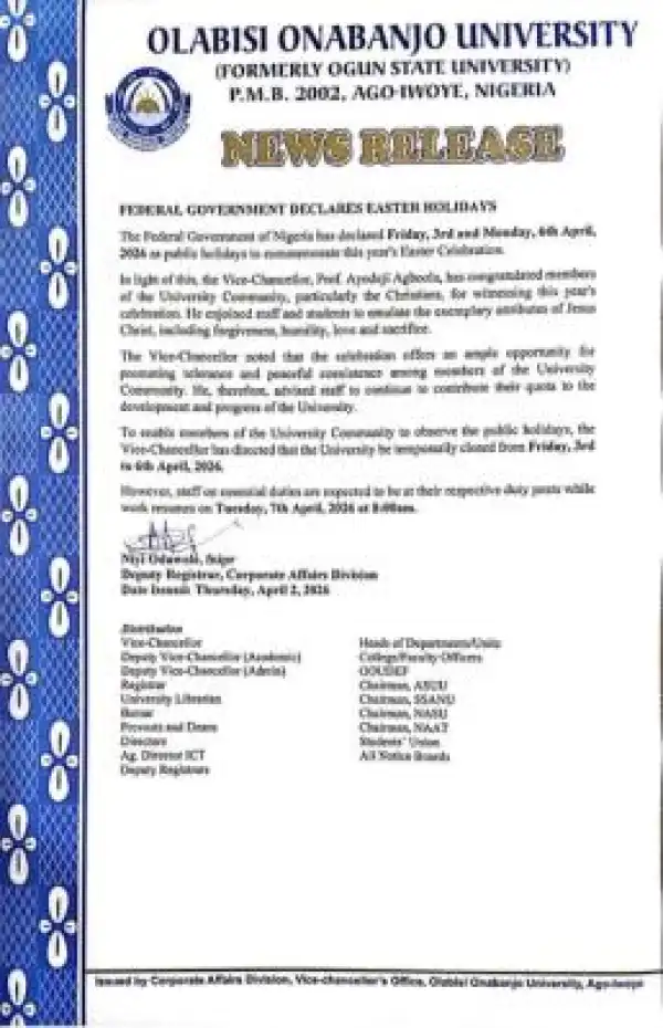 OOU announces temporary closure for Easter holidays