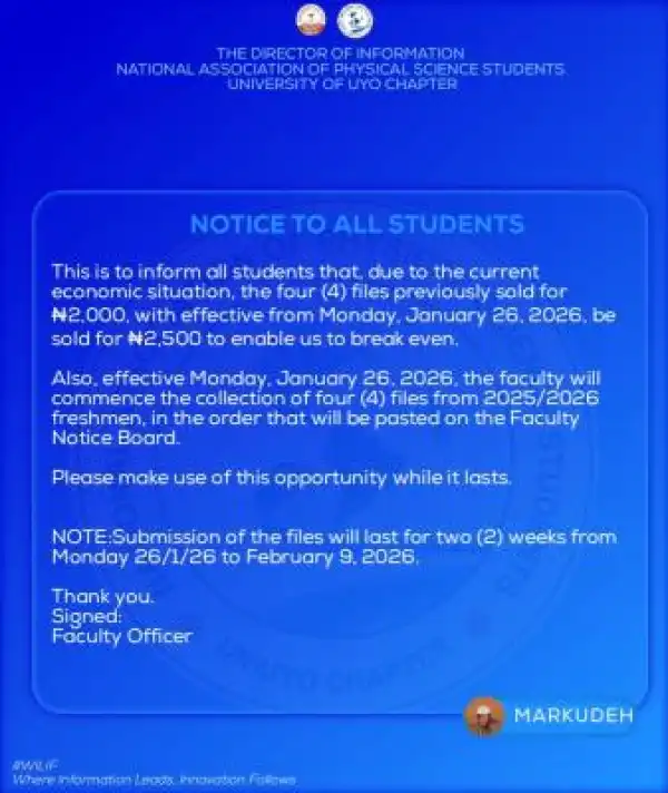 UNIUYO Faculty of Physical Science s notice to students