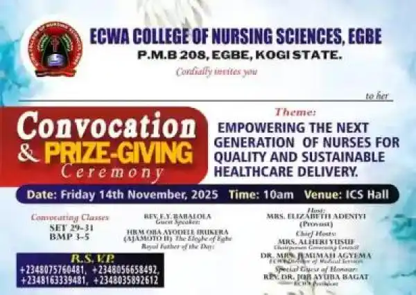 ECWA College of Nursing Sciences, Egbe notice of convocation ceremony
