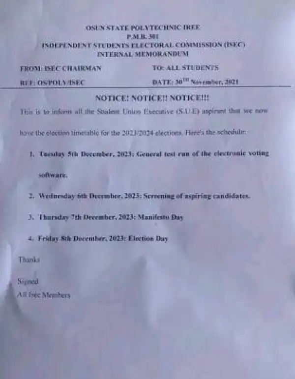 OSPOLY ISEC election timetable, 2023/2024