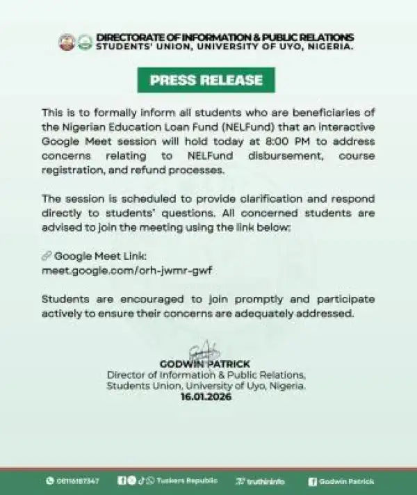 UNIUYO SUG schedules meeting with NELFUND beneficiaries