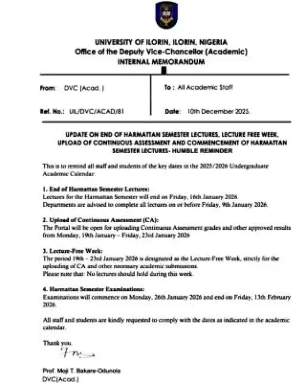 UNILORIN reminder on key dates in the undergraduate academic calendar, 2025/2026