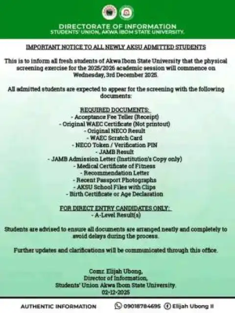 AKSU SUG notice to new students on Physical Screening, 2025/2026