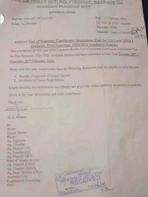 Gateway Polytechnic Notice to ND I & HND I on first semester CA Test