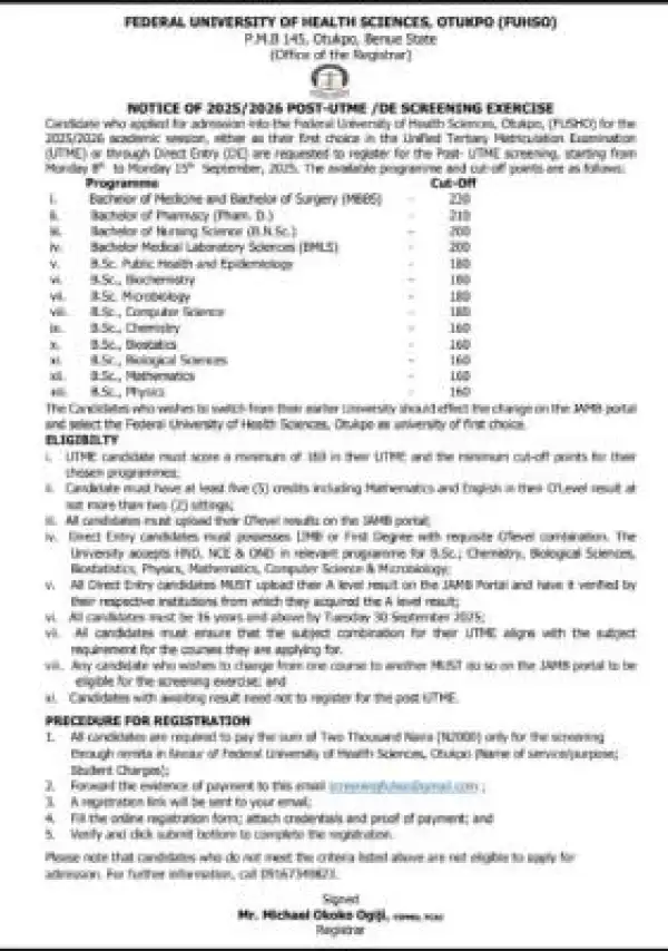 FUHSO Post-UTME/DE 2024: Cut-off mark, Eligibility and Registration Details