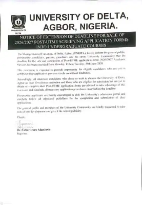 UNIDEL Extends 2026/2027 Post-UTME Screening Application form Deadline