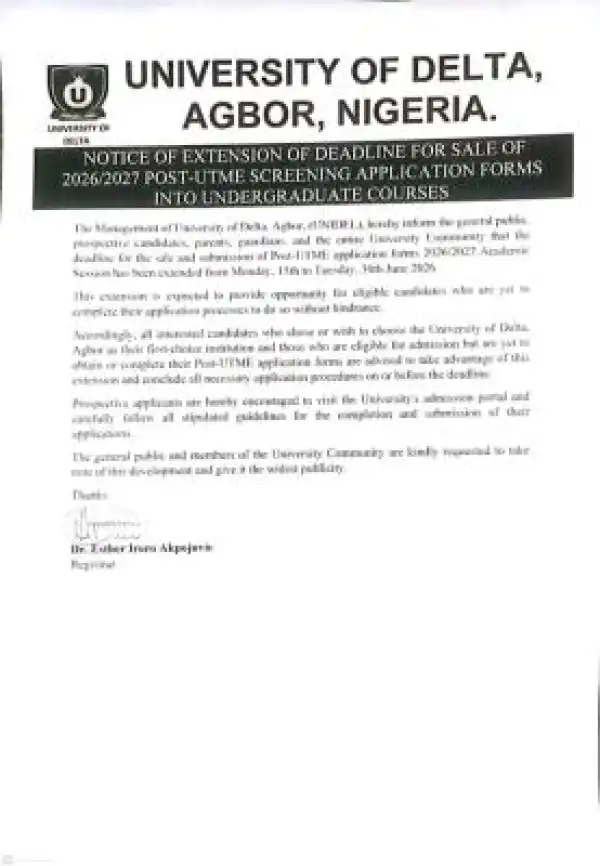 UNIDEL Extends 2026/2027 Post-UTME Screening Application form Deadline