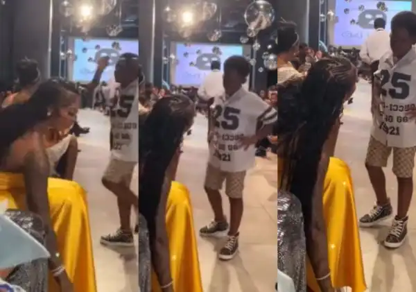 Moment Tiwa Savage Takes Off Her Slippers To Correct Son Jamil Publicly At A Recent Event