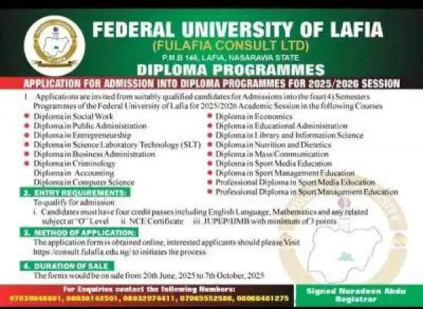 FULAFIA Admission into Diploma Programme, 2025/2026