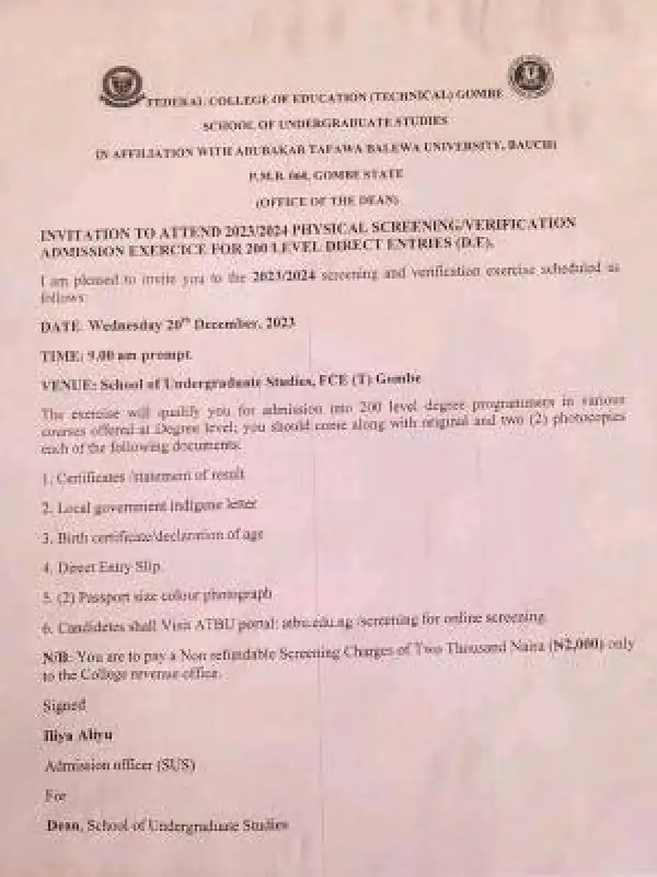 FCE Tech Gombe in affiliation with ATBU notice of physical screening/verification for DE, 2023/2024