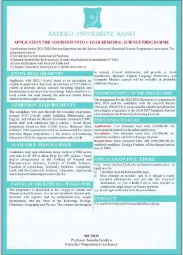 Bayero University, Kano (BUK) Remedial Science Application, 2025/2026