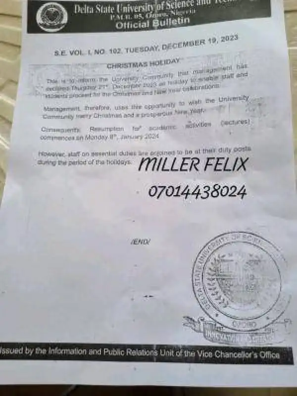 Delta State University of Science & Tech, Ozoro notice on Christmas break