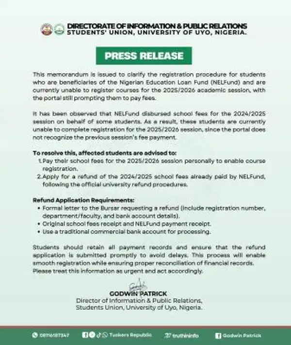 UNIUYO urgent notice to NELFUND beneficiaries facing course registration issues