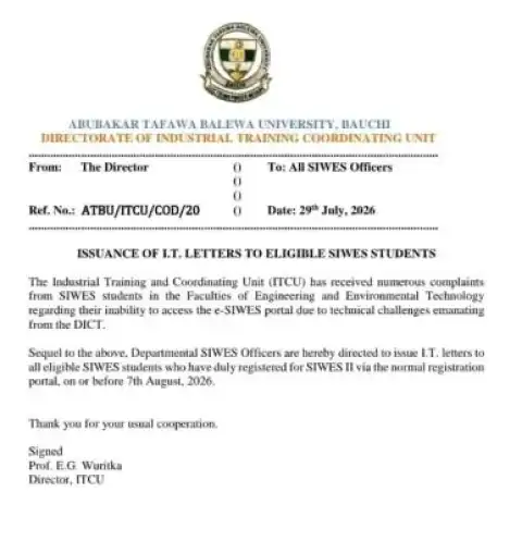 ATBU directs SIWES Officers to Issue I.T. letters to eligible students before August 7