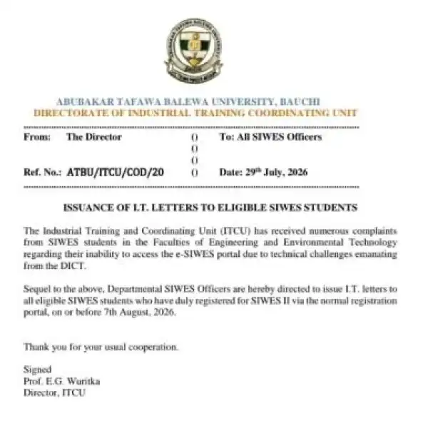 ATBU directs SIWES Officers to Issue I.T. letters to eligible students before August 7