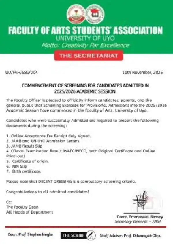 UNIUYO Faculty of Arts begins physical screening for new students, 2025/2026