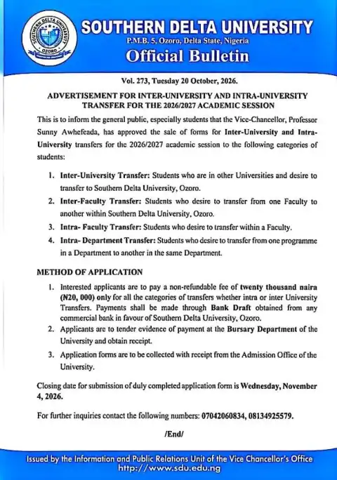 Southern Delta University Opens inter-university and intra-university transfers applications, 2026/2027