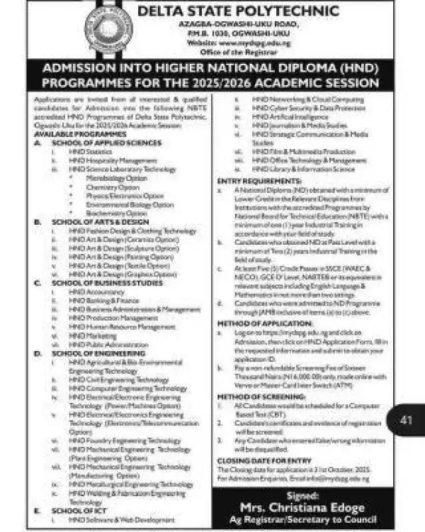 Delta State Poly, Ogwashu-Uku releases HND admission form, 2025/2026 session