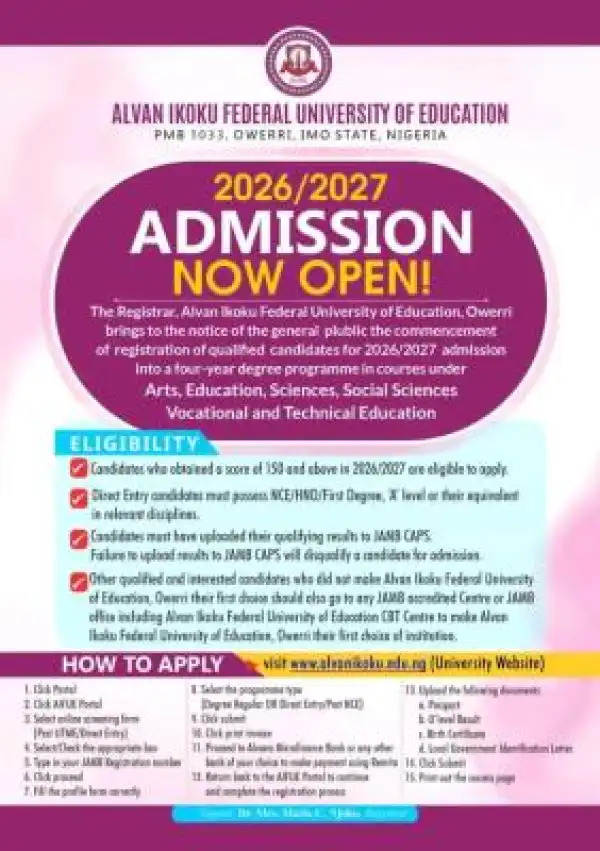 Alvan Ikoku Federal University of Education Post-UTME/DE 2026: Cut-off mark, Eligibility and Registration Details
